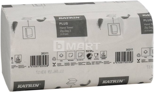 Полотенца KATRIN Plus сложения V 22.4 см x 23 см, 200 листов - белые
